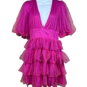Lulu’s Medium Ruffle Dress with Puff Sleeves NWT Hot Pink